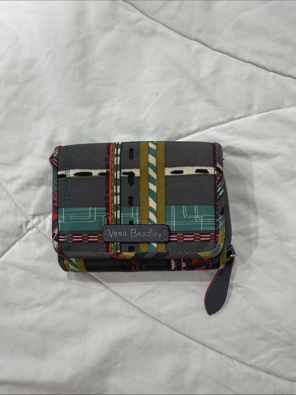 Vera Bradley Gray Wallet with Teal, Mustard & Pink Accents